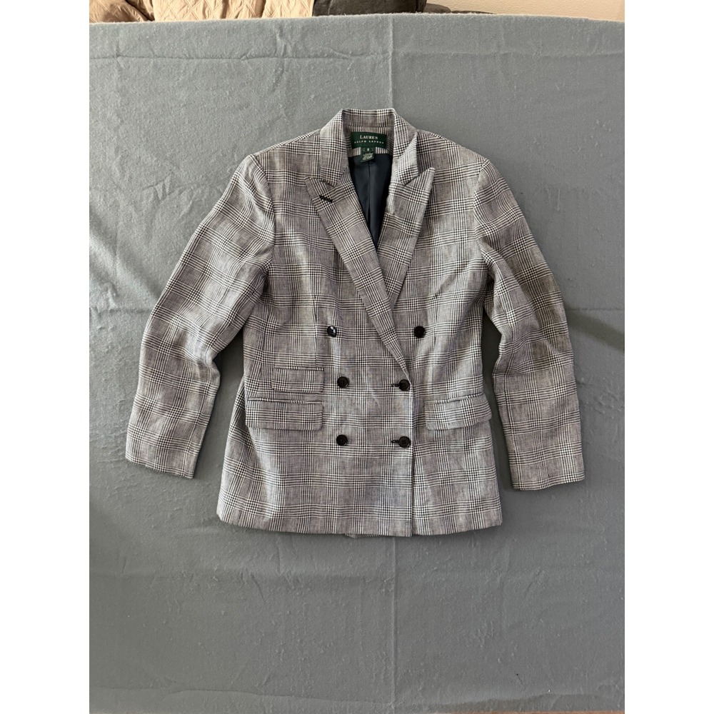 Lauren Ralph Lauren Womens Plaid Double Breasted Blazer Jacket Grey Black Size 8